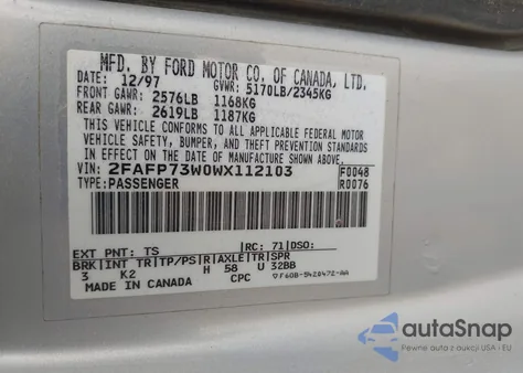 1998 Ford Crown Victoria from USA, damaged, VIN 2FAFP73W0WX112103